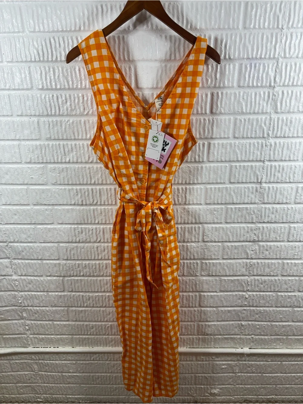 Lucy & Yak Organic Cotton Finn V-Neck Jumpsuit Orange White 16 NWT - Picture 2 of 5